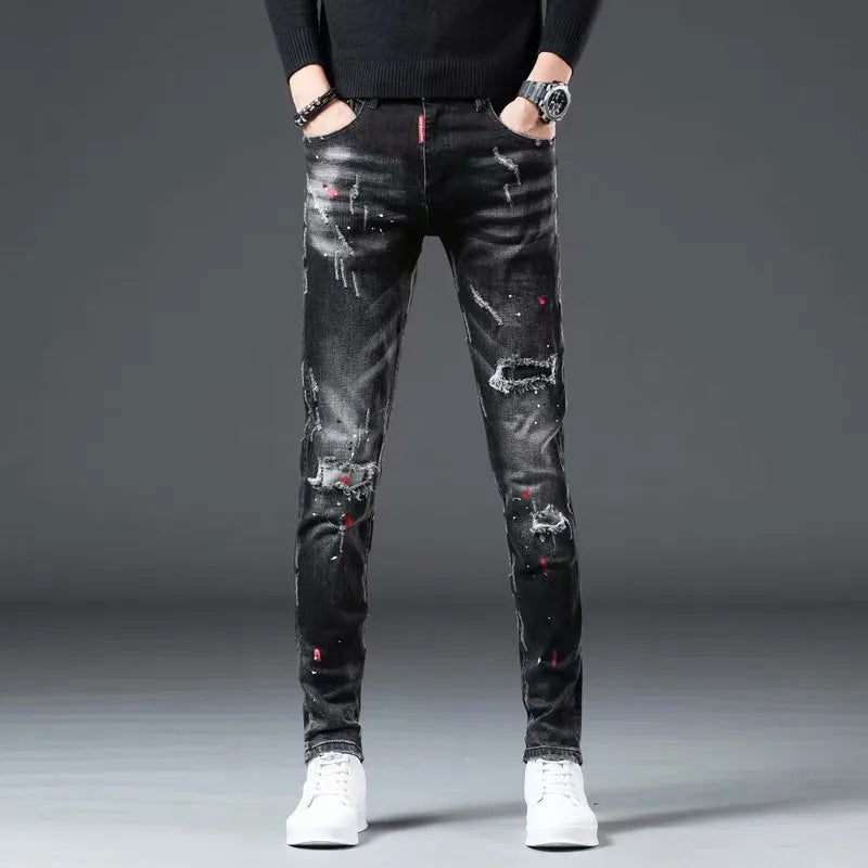 High Street 2022 Fashion Casual Ripped Jeans Men's Patch Teenagers Cowboy Paint Splash Ink Black Pencil Pants Skinny Jeans Men